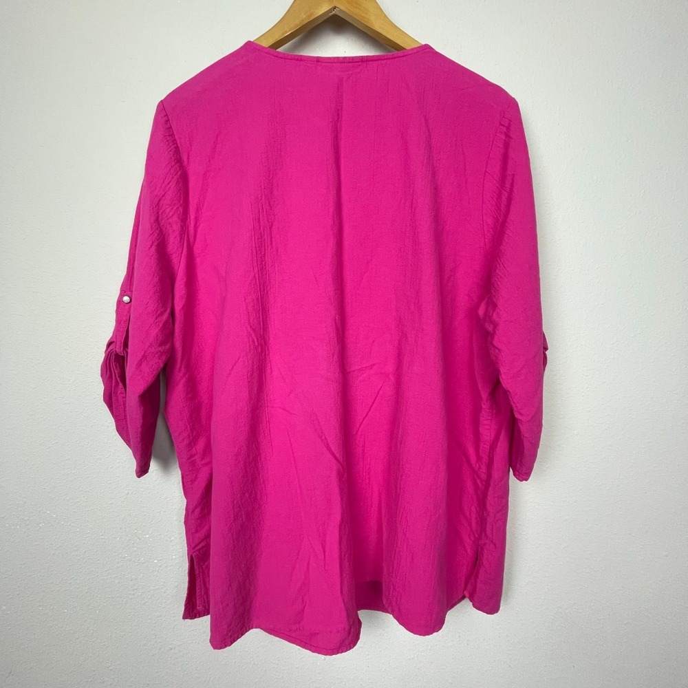 Susan Graver Pink Beaded‎ Top 1X Roll-Tab Sleeve Casual Cotton Coastal Everyday - Picture 4 of 7